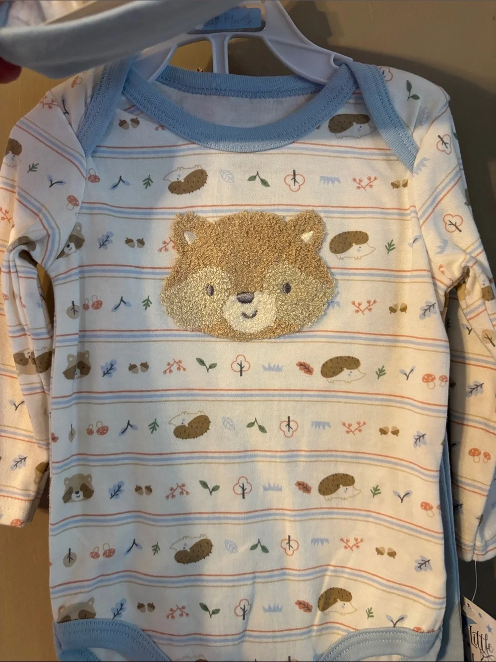 Little & Loved Blue Bear & Hedgehog Print Onesie & Pant Set with Hat 6-9M NWT